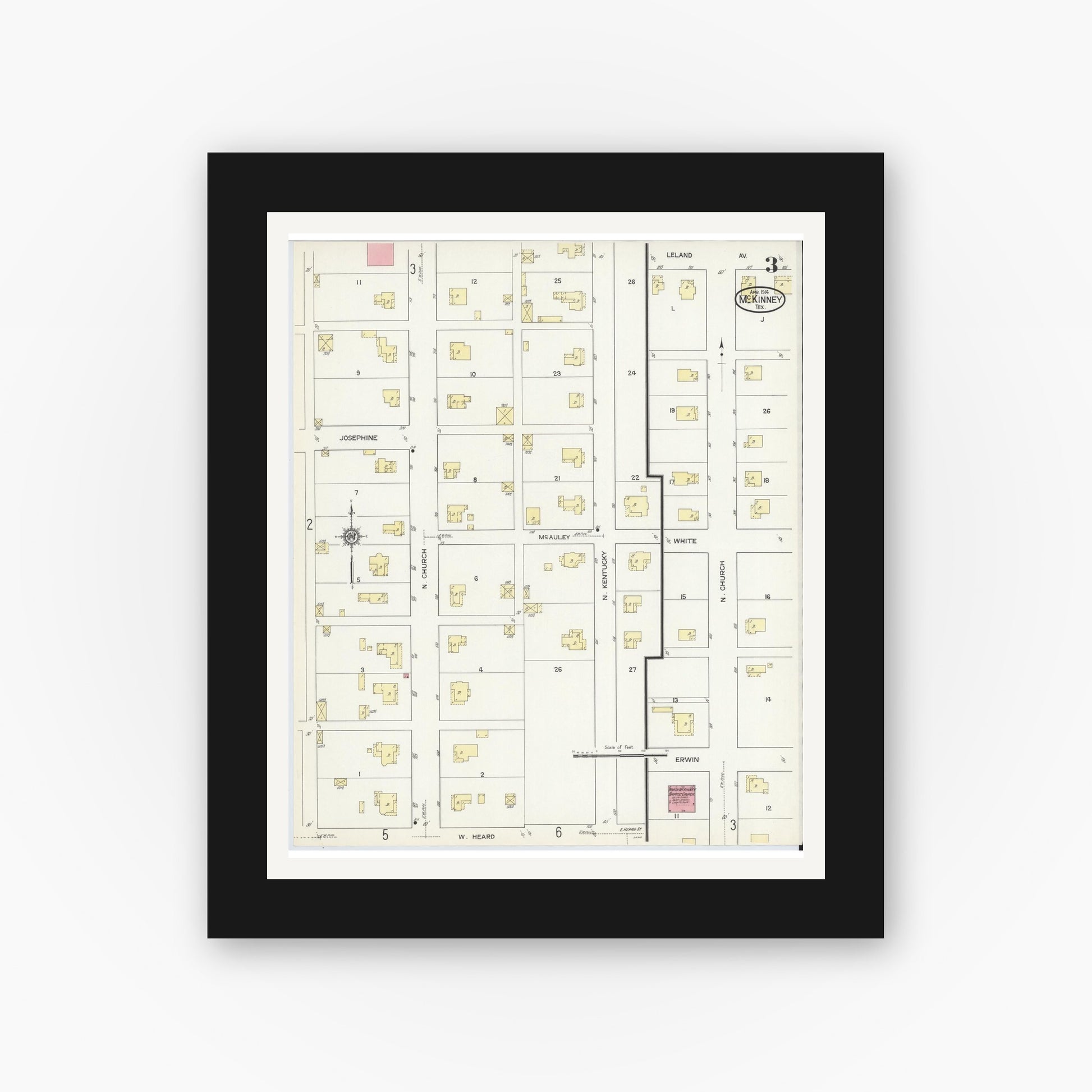 Old map wall art mockup — black gallery frame with white mat — Sanborn Fire Insurance Map from McKinney, Collin County, Texas (1914), Sheet #0003