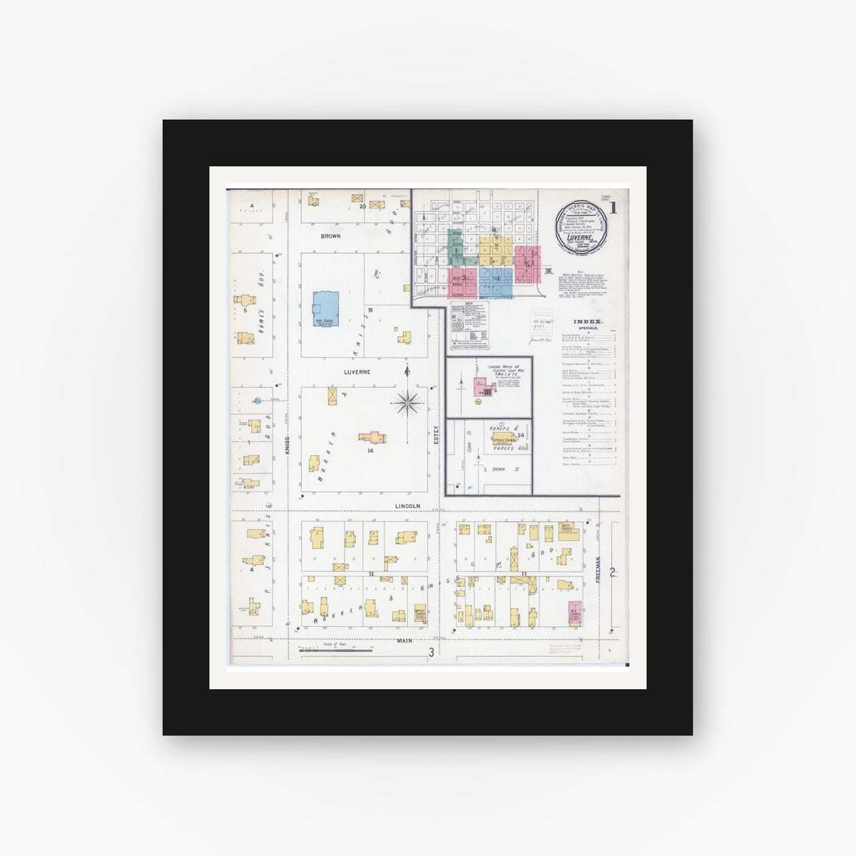 Old map wall art mockup — black gallery frame with white mat — Sanborn Fire Insurance Map from Luverne, Rock County, Minnesota (1900), Sheet #0001