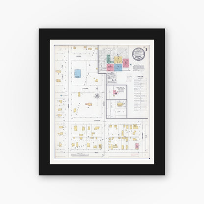 Old map wall art mockup — black gallery frame with white mat — Sanborn Fire Insurance Map from Luverne, Rock County, Minnesota (1900), Sheet #0001