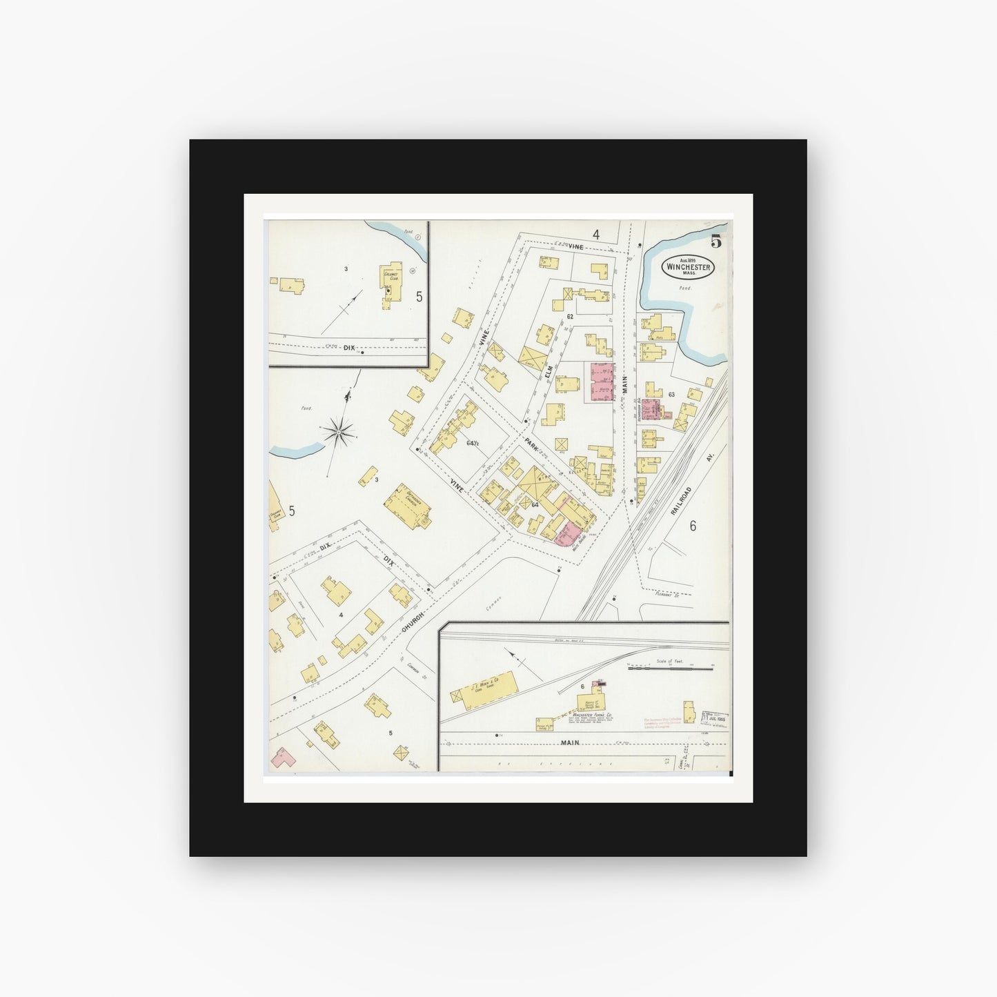 Old map wall art mockup — black gallery frame with white mat — Sanborn Fire Insurance Map from Winchester, Middlesex County, Massachusetts (1899), Sheet #0005