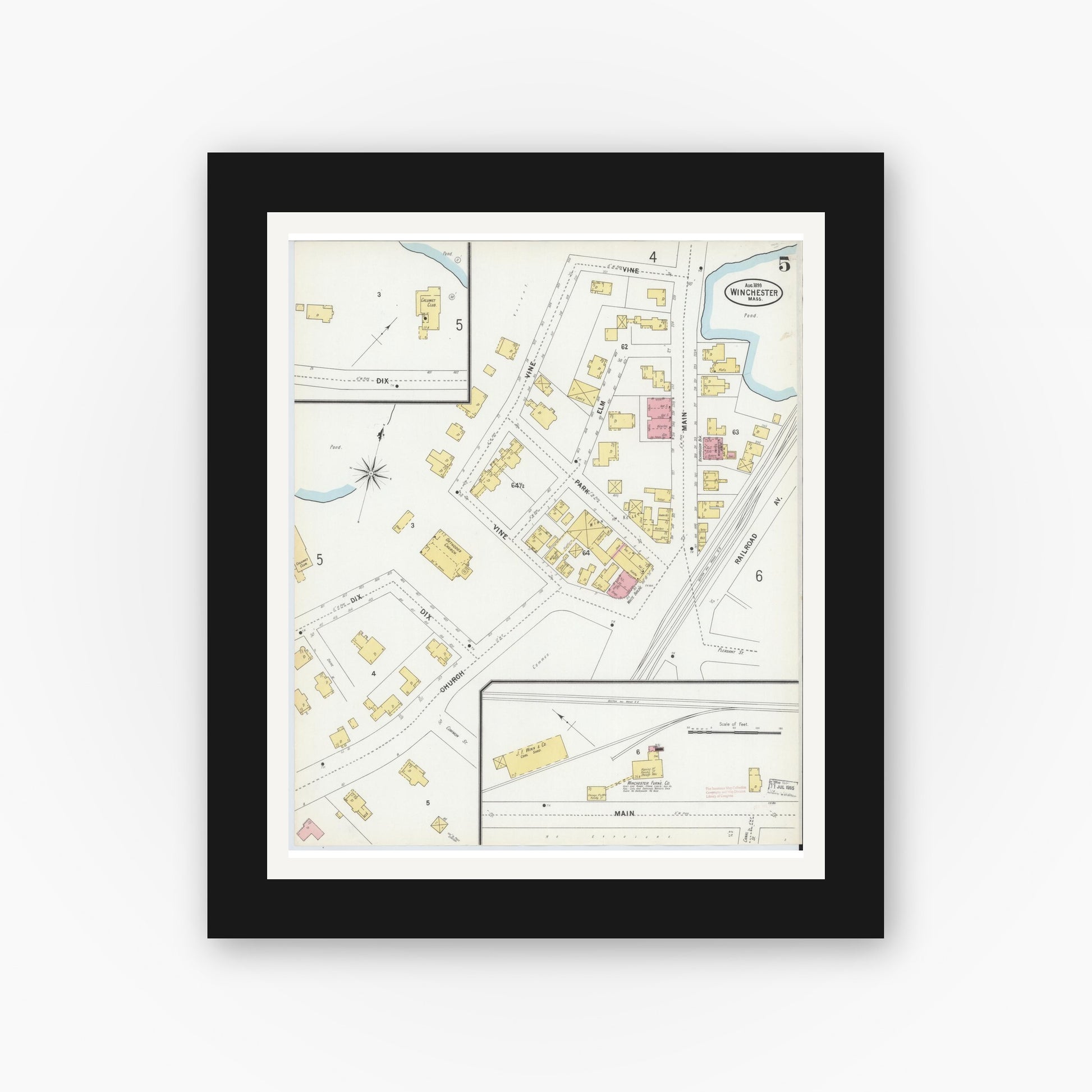 Old map wall art mockup — black gallery frame with white mat — Sanborn Fire Insurance Map from Winchester, Middlesex County, Massachusetts (1899), Sheet #0005