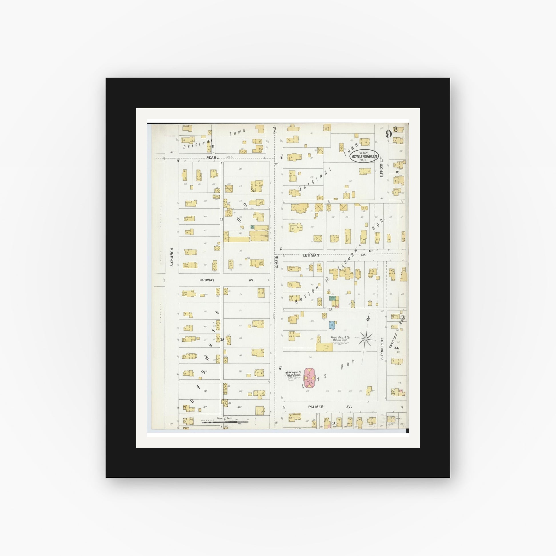 Old map wall art mockup — black gallery frame with white mat — Sanborn Fire Insurance Map from Bowling Green, Wood County, Ohio (1900), Sheet #0009