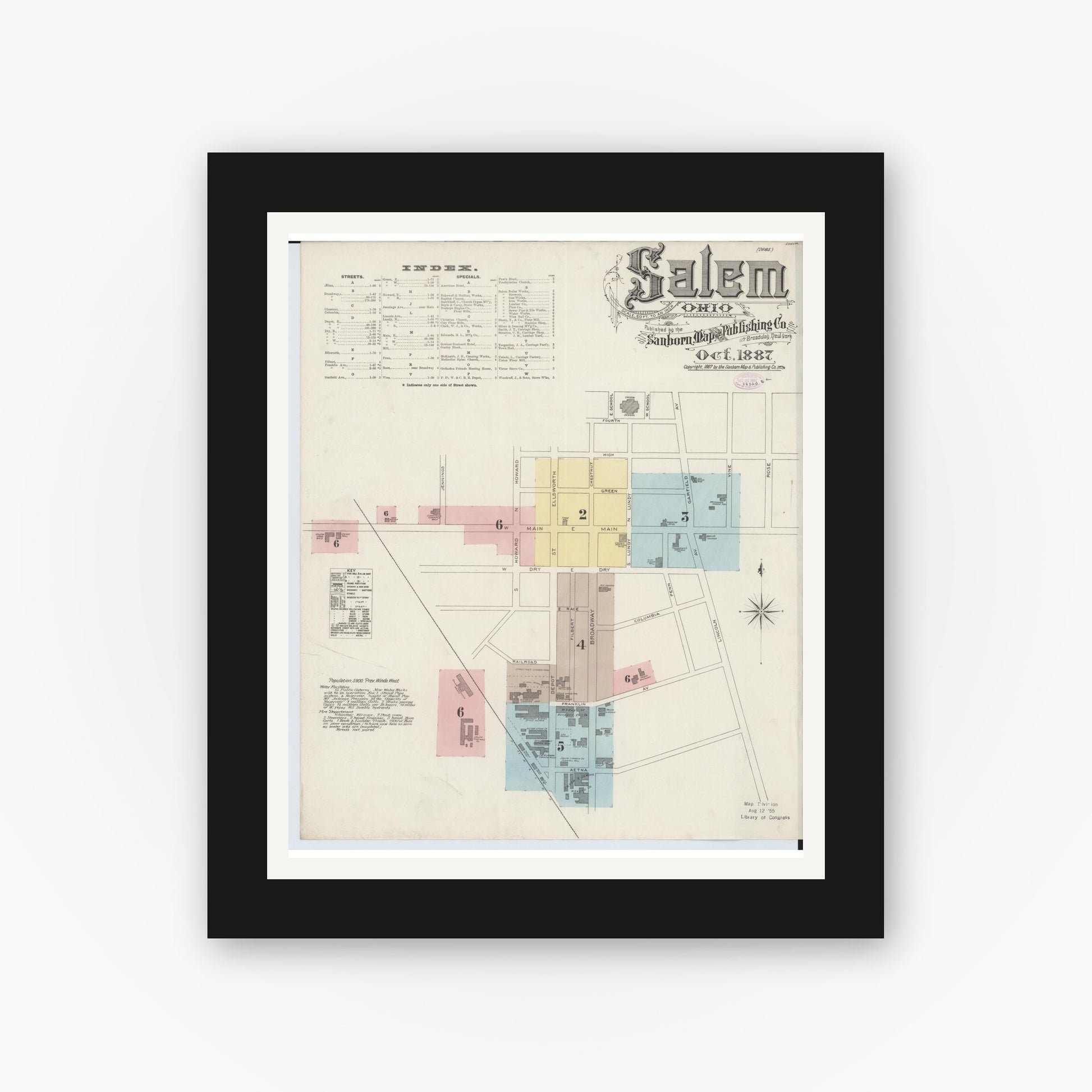 Old map wall art mockup — black gallery frame with white mat — Sanborn Fire Insurance Map from Salem, Columbiana County, Ohio (1887) - Complete Map Set