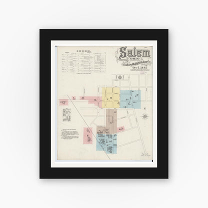 Old map wall art mockup — black gallery frame with white mat — Sanborn Fire Insurance Map from Salem, Columbiana County, Ohio (1887) - Complete Map Set