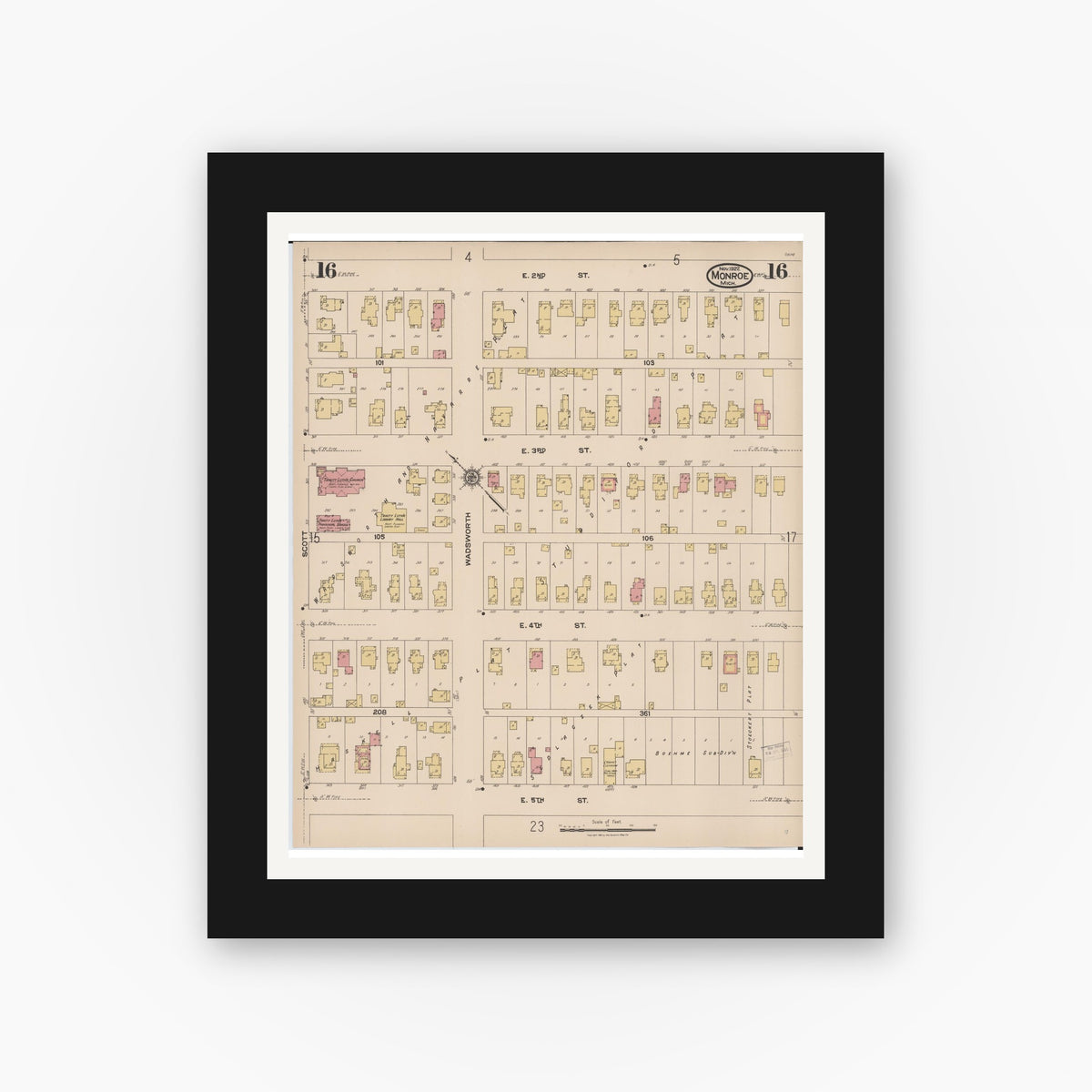 Old map wall art mockup — black gallery frame with white mat — Sanborn Fire Insurance Map from Monroe, Monroe County, Michigan (1922), Sheet #0016