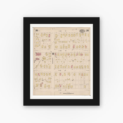 Old map wall art mockup — black gallery frame with white mat — Sanborn Fire Insurance Map from Monroe, Monroe County, Michigan (1922), Sheet #0016