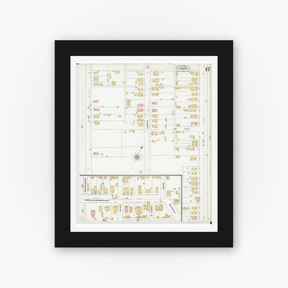 Old map wall art mockup — black gallery frame with white mat — Sanborn Fire Insurance Map from Newark, Licking County, Ohio (1899), Sheet #0017