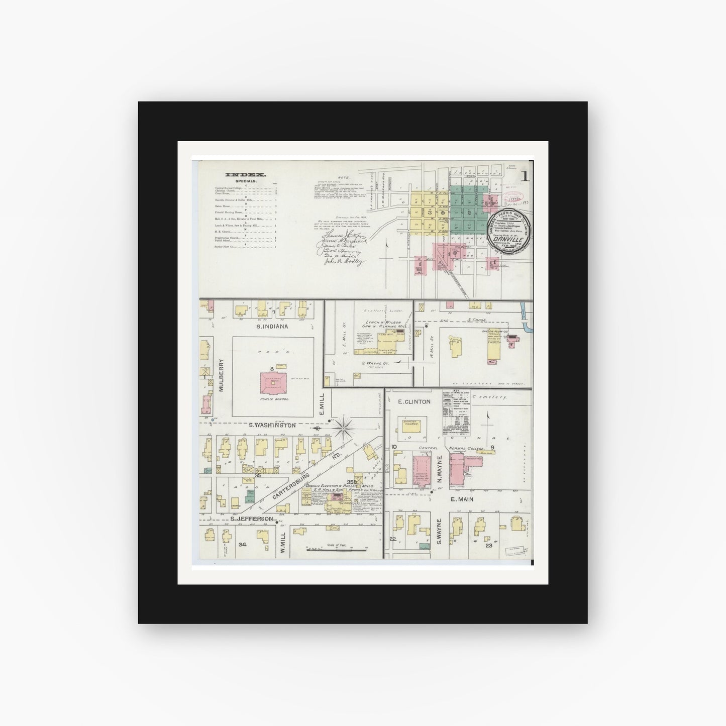 Old map wall art mockup — black gallery frame with white mat — Sanborn Fire Insurance Map from Danville, Hendricks County, Indiana (1893) - Complete Map Set