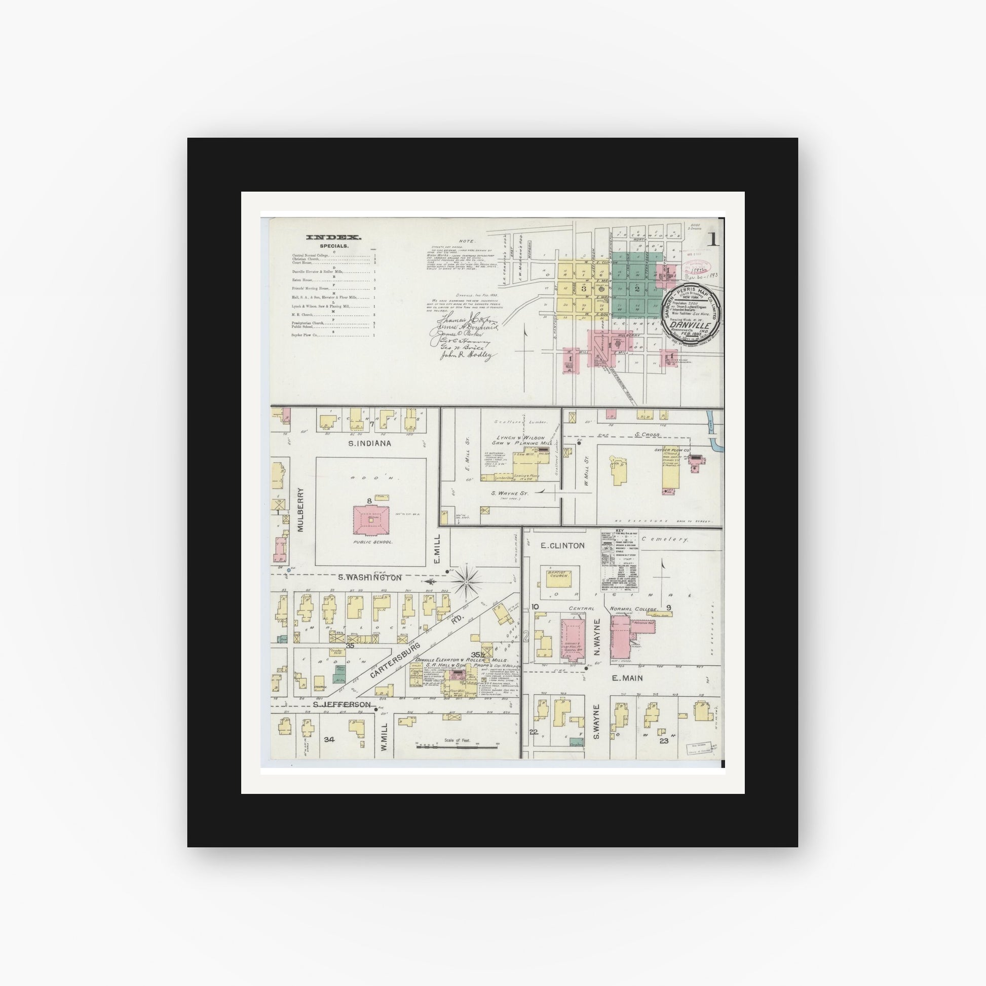 Old map wall art mockup — black gallery frame with white mat — Sanborn Fire Insurance Map from Danville, Hendricks County, Indiana (1893) - Complete Map Set