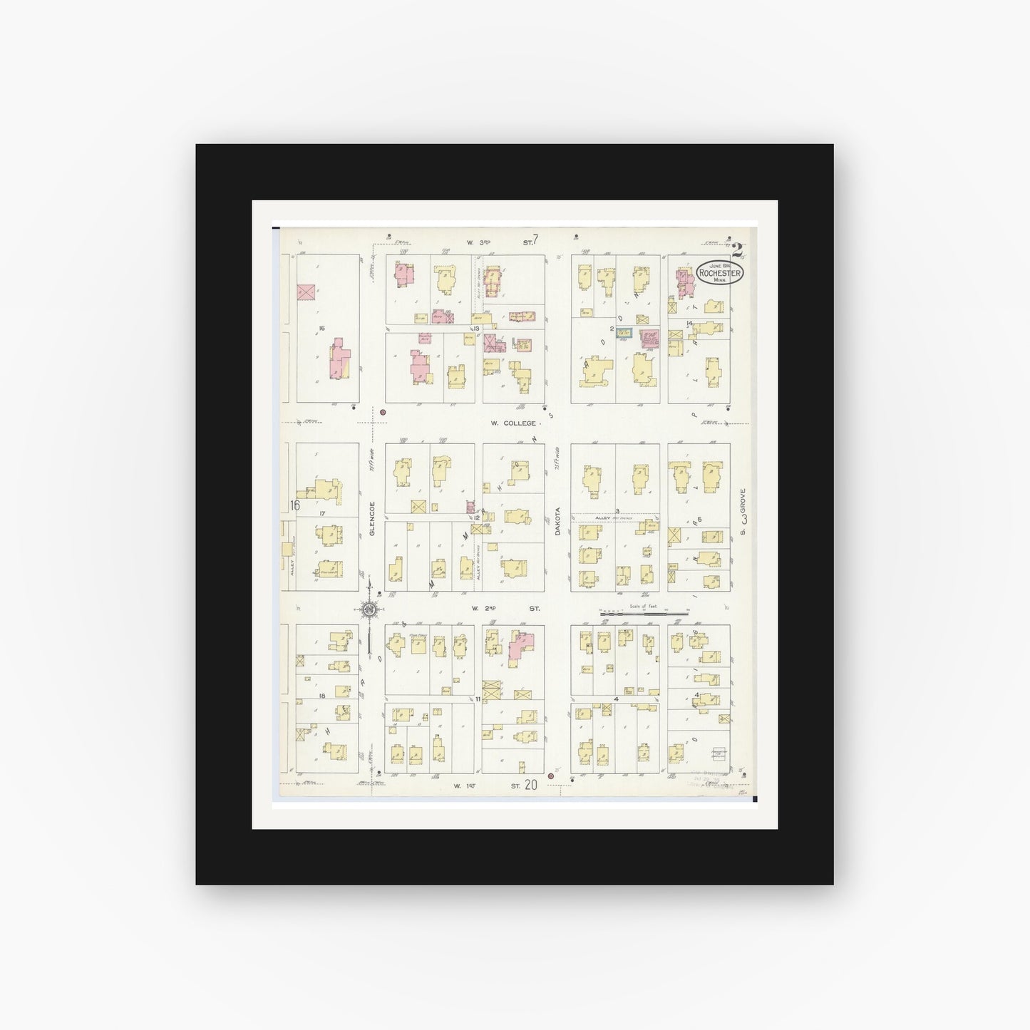 Old map wall art mockup — black gallery frame with white mat — Sanborn Fire Insurance Map from Rochester, Olmsted County, Minnesota (1914), Sheet #0002