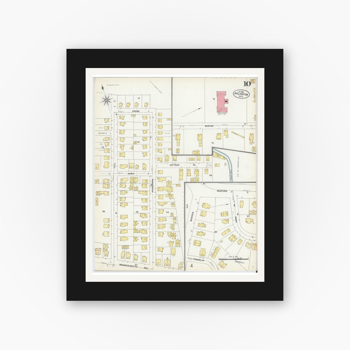 Old map wall art mockup — black gallery frame with white mat — Sanborn Fire Insurance Map from Arlington, Middlesex County, Massachusetts (1903), Sheet #0010