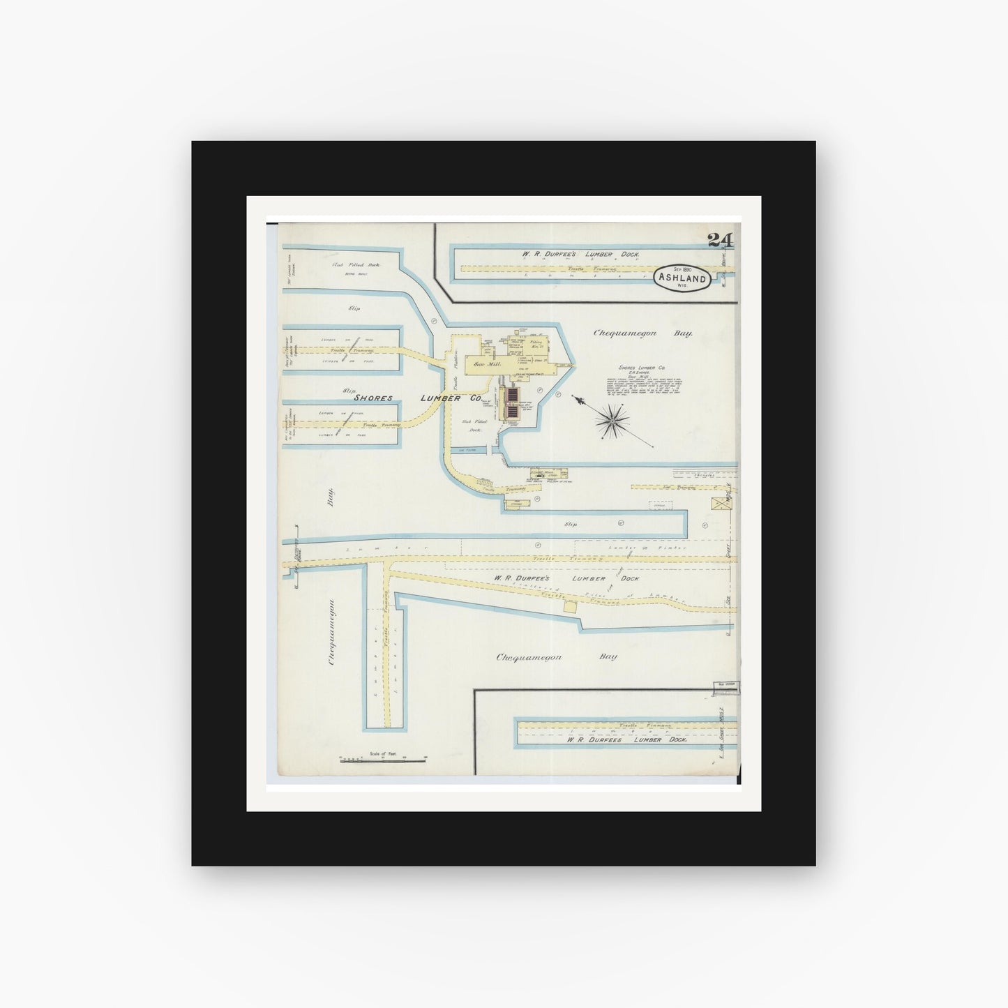 Old map wall art mockup — black gallery frame with white mat — Sanborn Fire Insurance Map from Ashland, Ashland County, Wisconsin (1890), Sheet #0024
