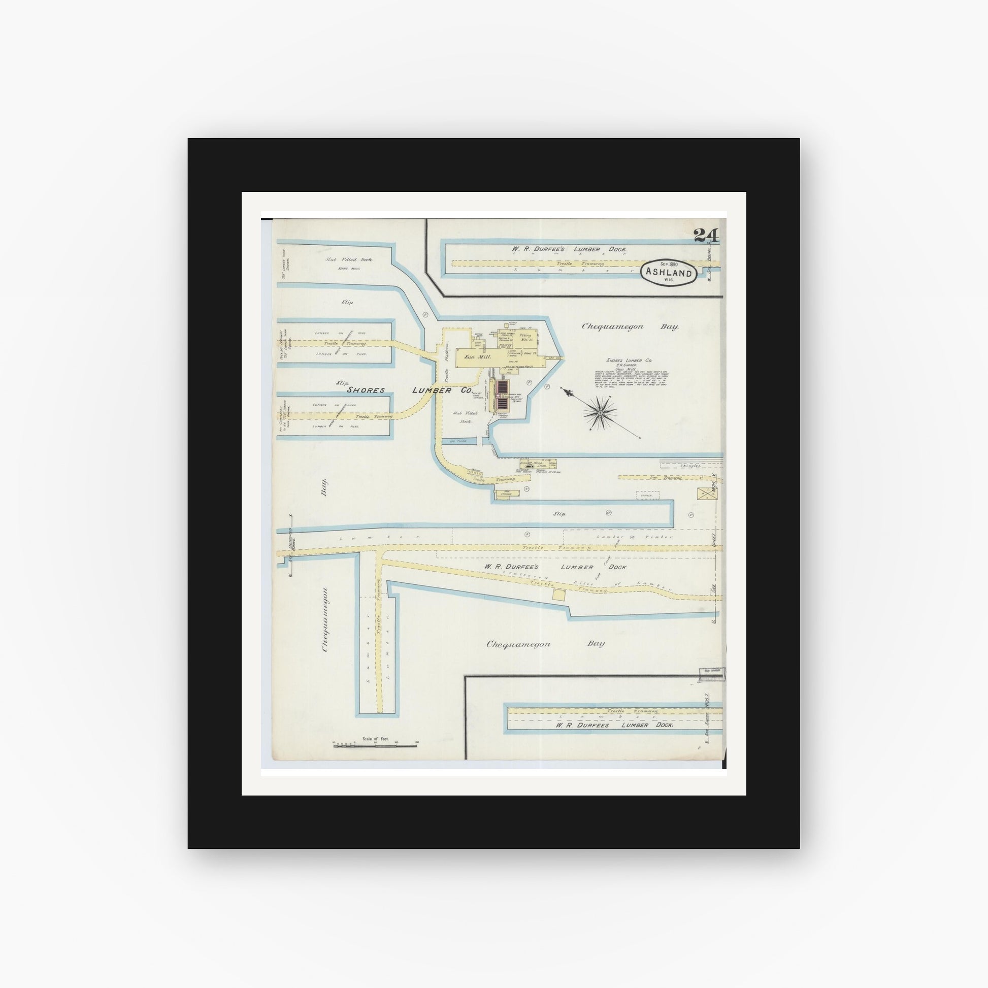 Old map wall art mockup — black gallery frame with white mat — Sanborn Fire Insurance Map from Ashland, Ashland County, Wisconsin (1890), Sheet #0024