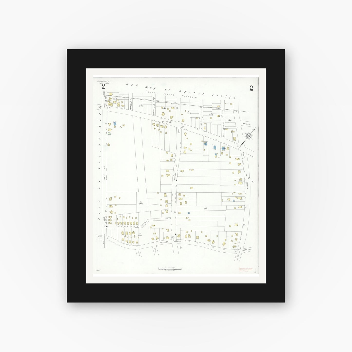 Old map wall art mockup — black gallery frame with white mat — Sanborn Fire Insurance Map from Fanwood, Union County, New Jersey (1933), Sheet #0002