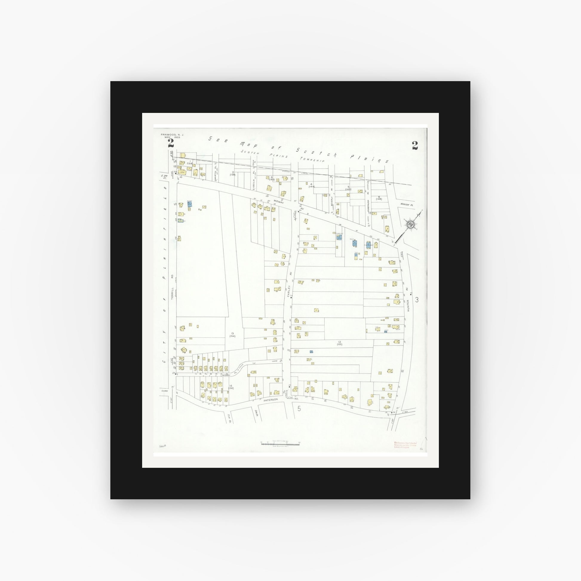 Old map wall art mockup — black gallery frame with white mat — Sanborn Fire Insurance Map from Fanwood, Union County, New Jersey (1933), Sheet #0002