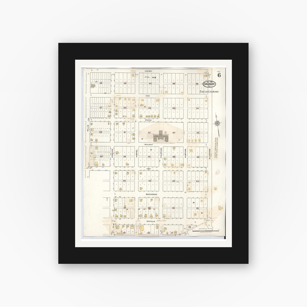 Old map wall art mockup — black gallery frame with white mat — Sanborn Fire Insurance Map from Granger, Williamson County, Texas (1940), Sheet #0006