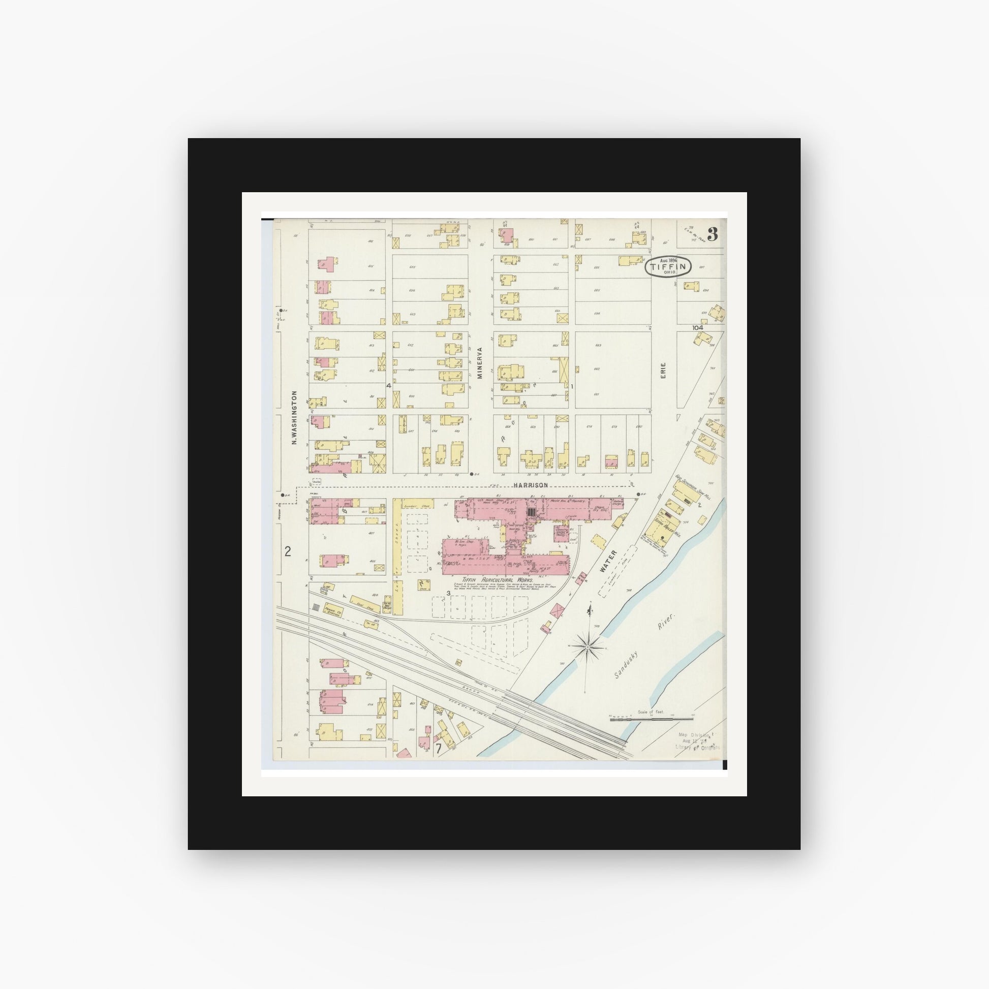 Old map wall art mockup — black gallery frame with white mat — Sanborn Fire Insurance Map from Tiffin, Seneca County, Ohio (1896), Sheet #0003