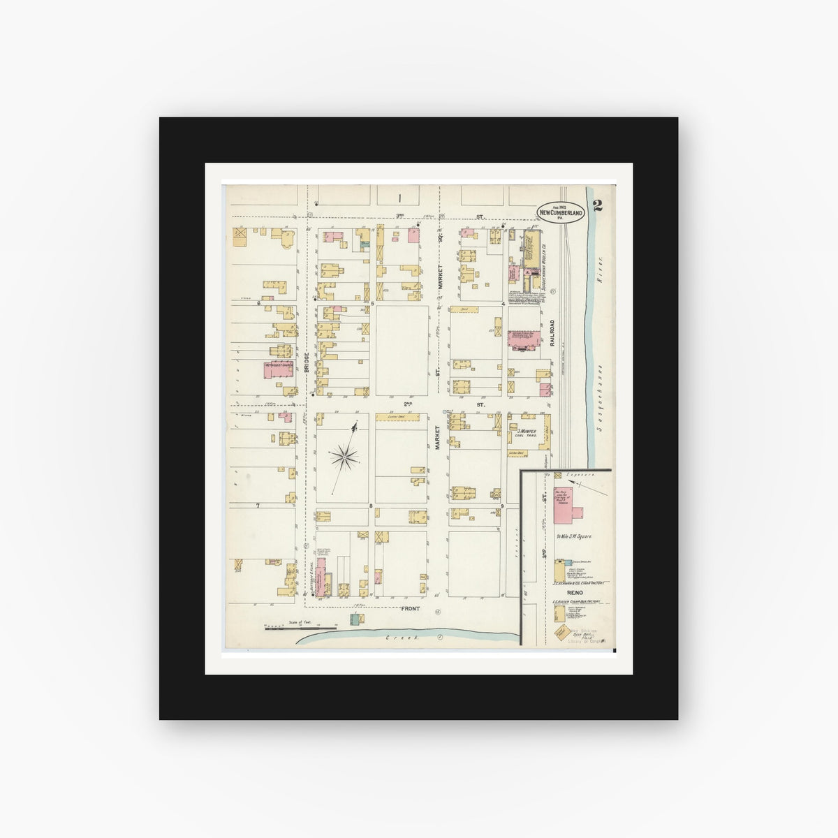 Old map wall art mockup — black gallery frame with white mat — Sanborn Fire Insurance Map from New Cumberland, Cumberland County, Pennsylvania (1902), Sheet #0002