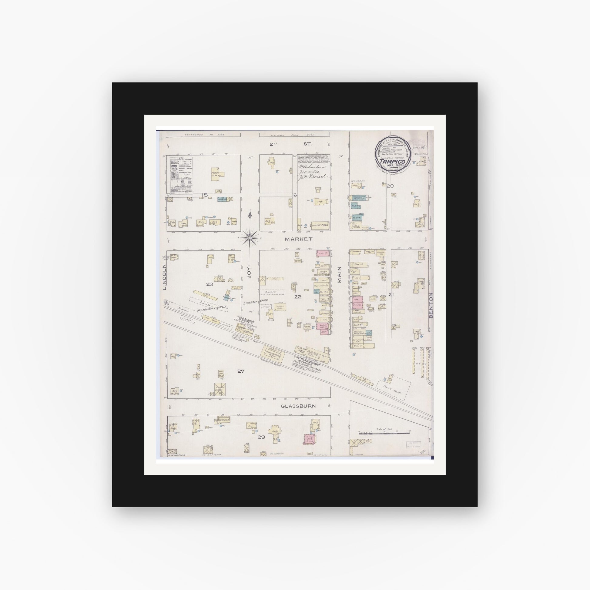 Old map wall art mockup — black gallery frame with white mat — Sanborn Fire Insurance Map from Tampico, Whiteside County, Illinois (1886), Sheet #0001