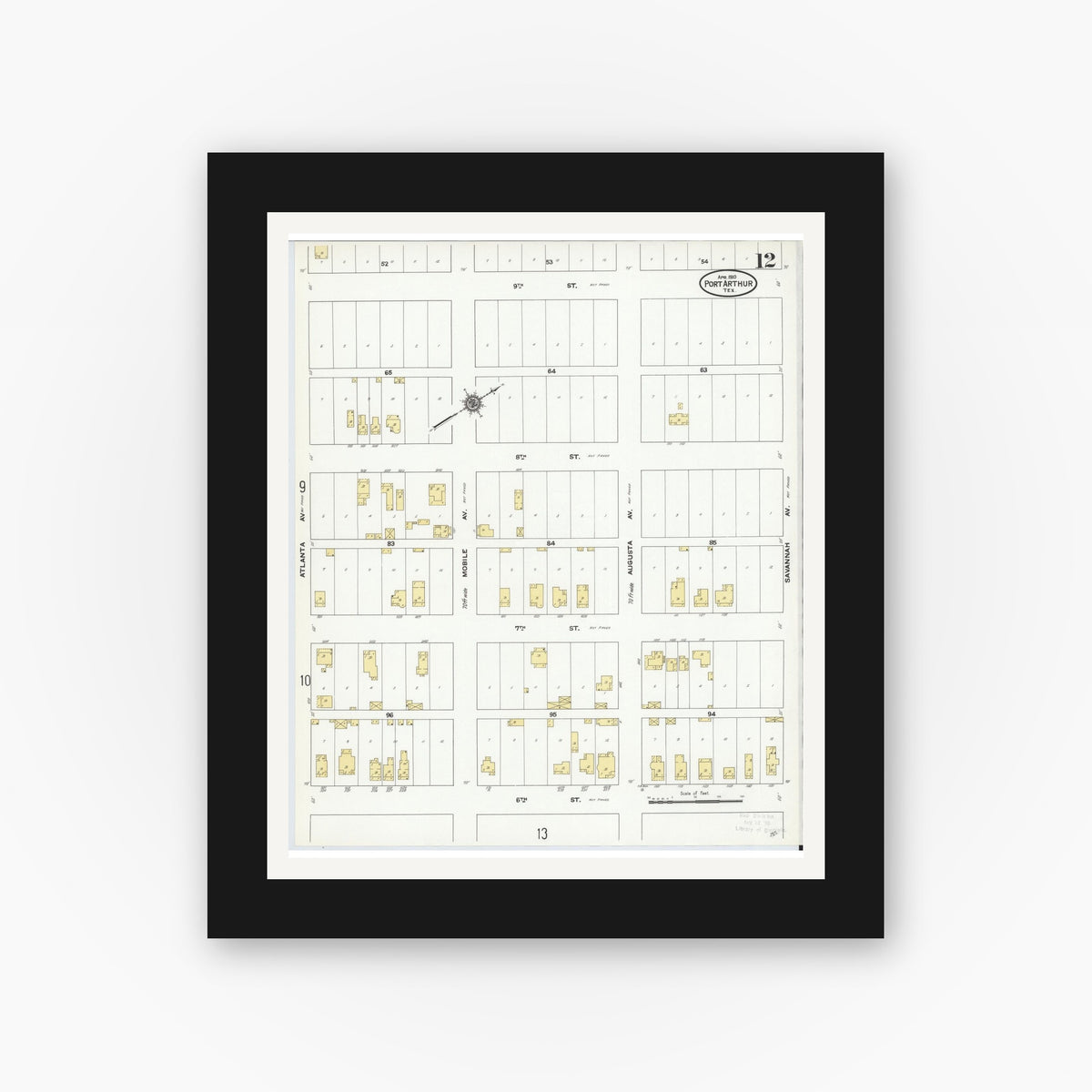 Old map wall art mockup — black gallery frame with white mat — Sanborn Fire Insurance Map from Port Arthur, Jefferson County, Texas (1910), Sheet #0012