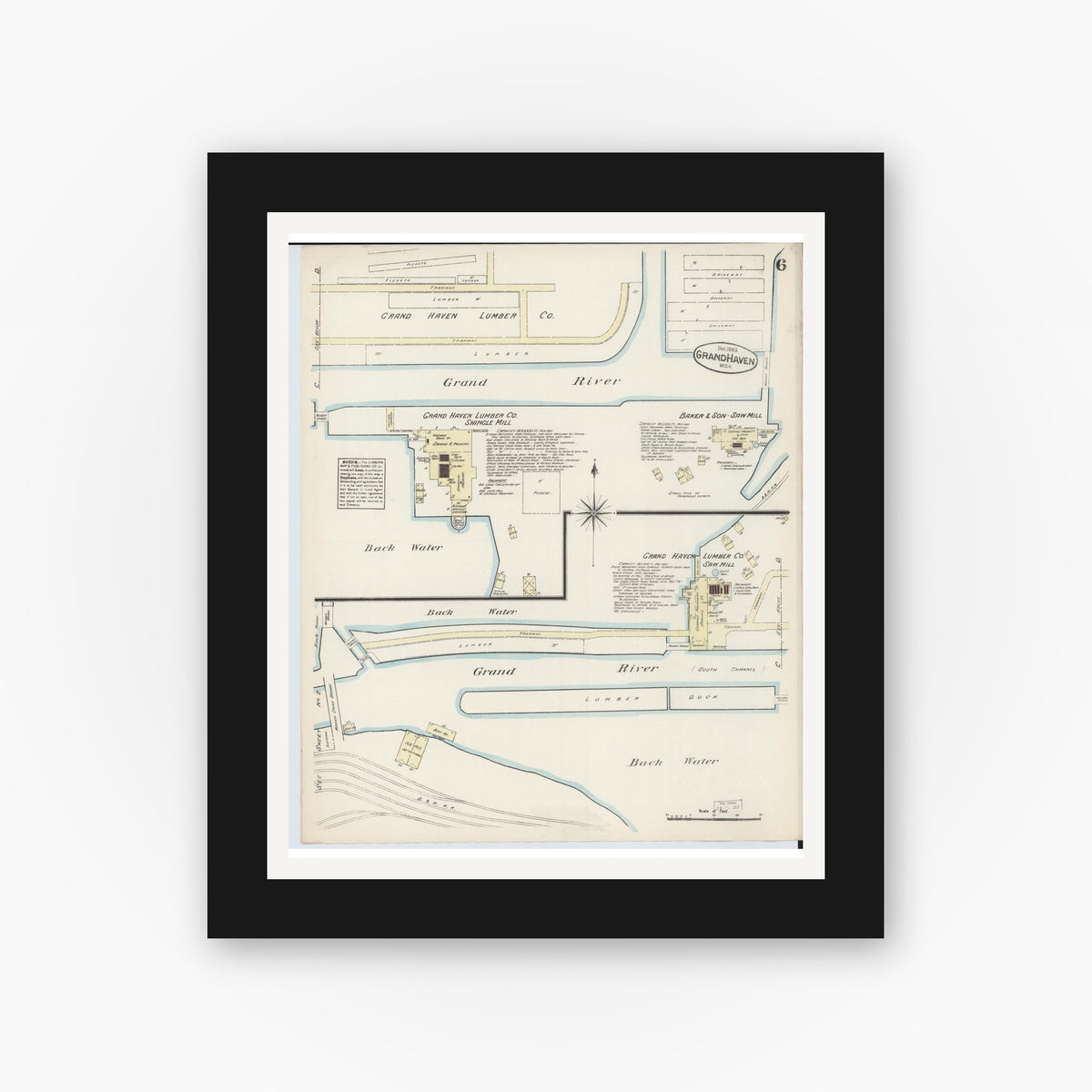 Old map wall art mockup — black gallery frame with white mat — Sanborn Fire Insurance Map from Grand Haven, Ottawa County, Michigan (1883), Sheet #0006