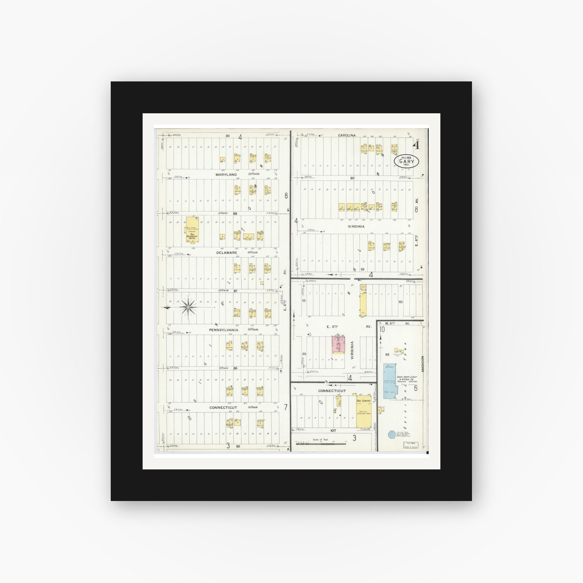 Old map wall art mockup — black gallery frame with white mat — Sanborn Fire Insurance Map from Gary, Lake County, Indiana (1908), Sheet #0004