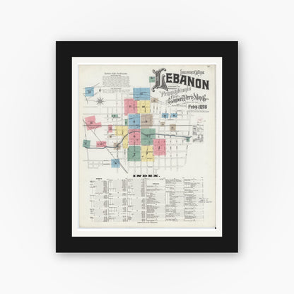 Old map wall art mockup — black gallery frame with white mat — Sanborn Fire Insurance Map from Lebanon, Lebanon County, Pennsylvania (1896), Sheet #0001