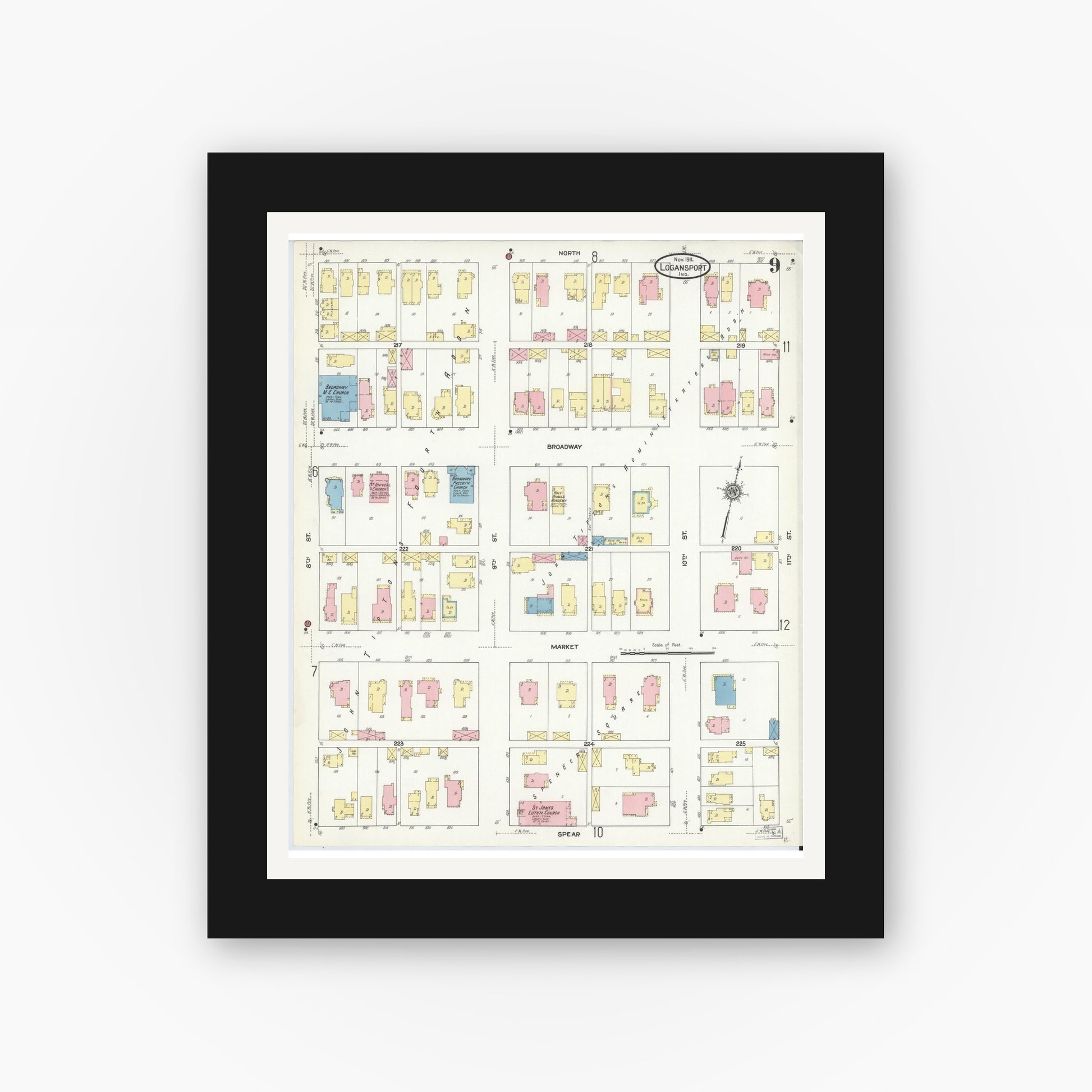 Old map wall art mockup — black gallery frame with white mat — Sanborn Fire Insurance Map from Logansport, Cass County, Indiana (1911), Sheet #0009
