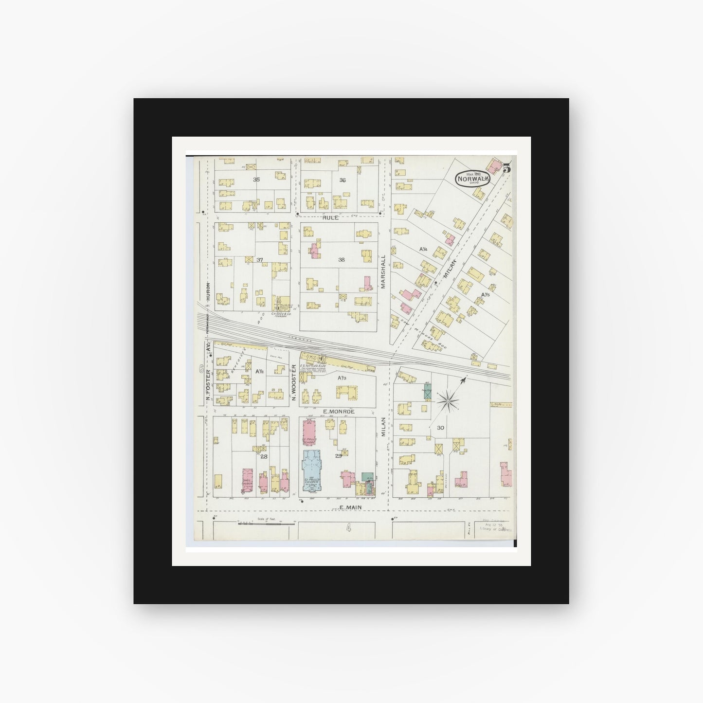 Old map wall art mockup — black gallery frame with white mat — Sanborn Fire Insurance Map from Norwalk, Huron County, Ohio (1893), Sheet #0005