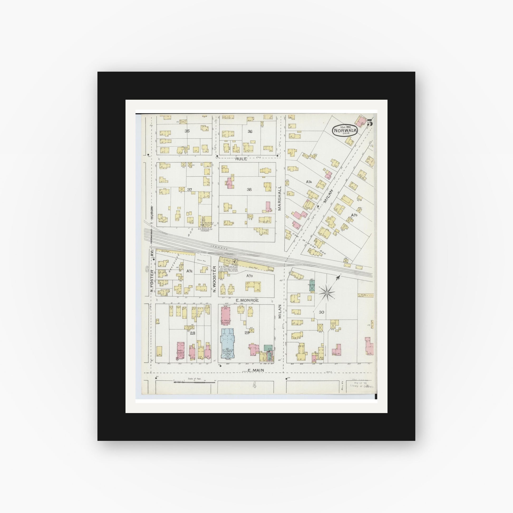 Old map wall art mockup — black gallery frame with white mat — Sanborn Fire Insurance Map from Norwalk, Huron County, Ohio (1893), Sheet #0005