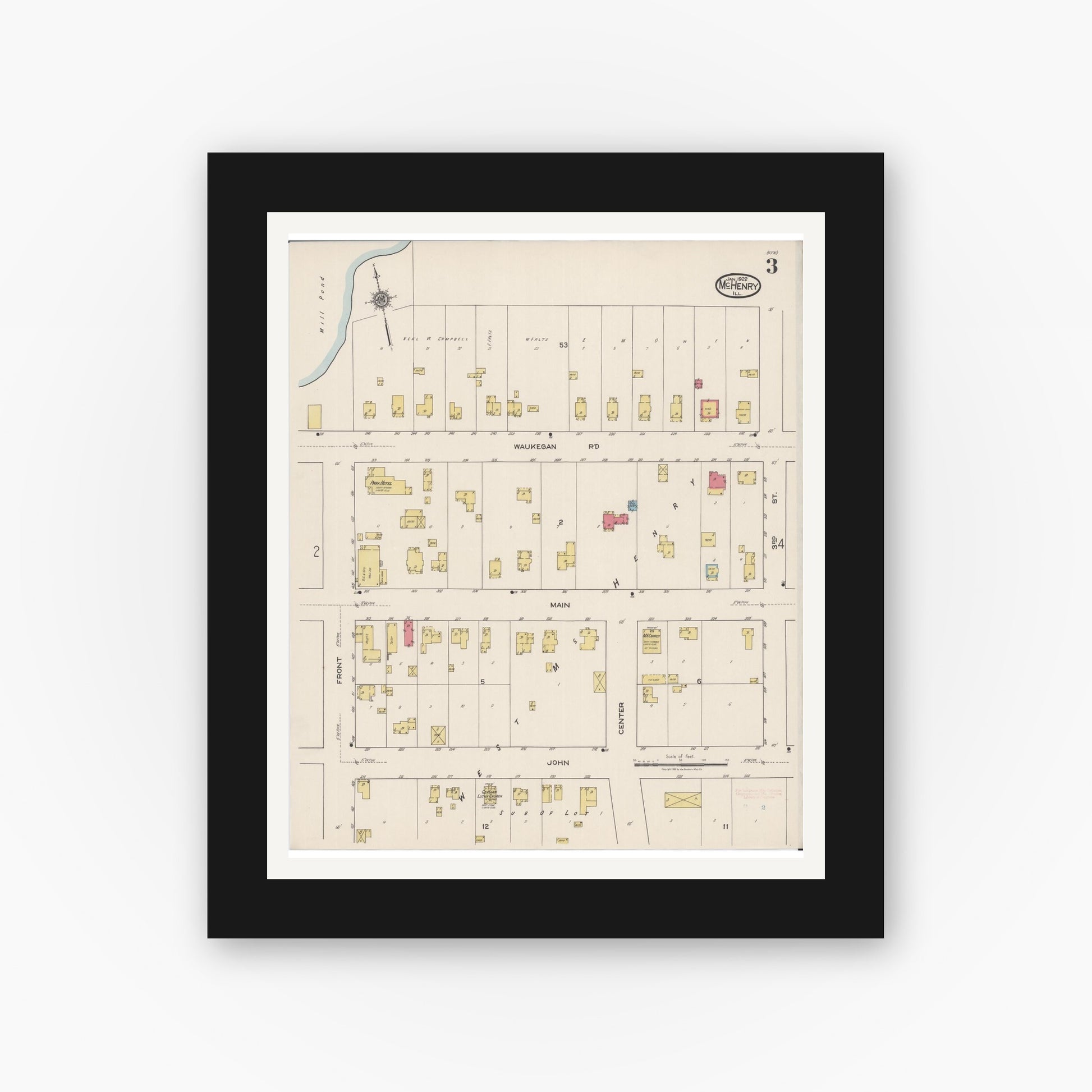 Old map wall art mockup — black gallery frame with white mat — Sanborn Fire Insurance Map from McHenry, McHenry County, Illinois (1922), Sheet #0003