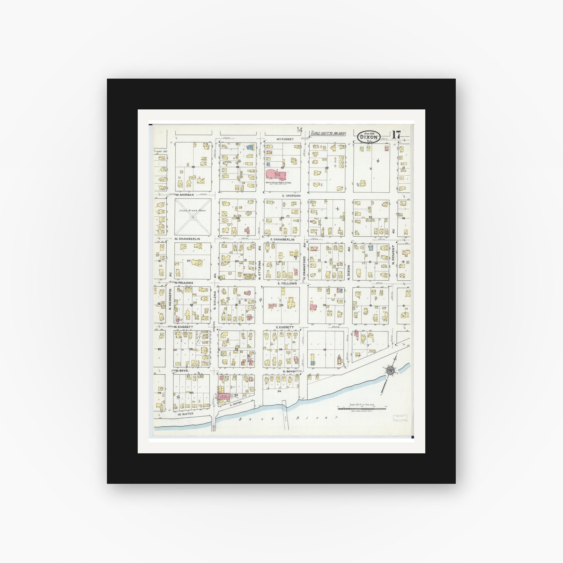 Old map wall art mockup — black gallery frame with white mat — Sanborn Fire Insurance Map from Dixon, Lee County, Illinois (1918), Sheet #0017