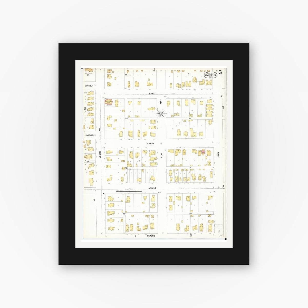 Old map wall art mockup — black gallery frame with white mat — Sanborn Fire Insurance Map from Waterloo, Black Hawk County, Iowa (1900), Sheet #0005