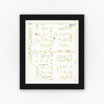Old map wall art mockup — black gallery frame with white mat — Sanborn Fire Insurance Map from Waterloo, Black Hawk County, Iowa (1900), Sheet #0005