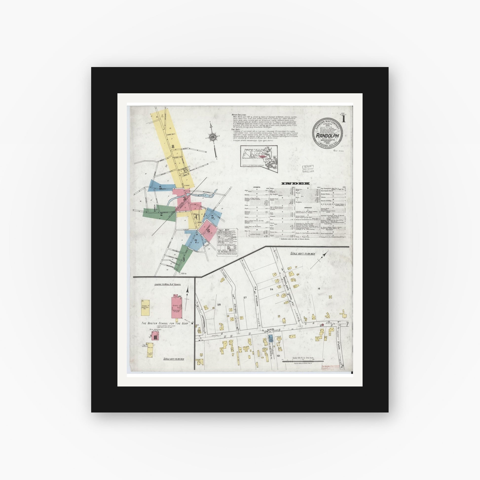 Old map wall art mockup — black gallery frame with white mat — Sanborn Fire Insurance Map from Randolph, Norfolk County, Massachusetts (1919), Sheet #0001