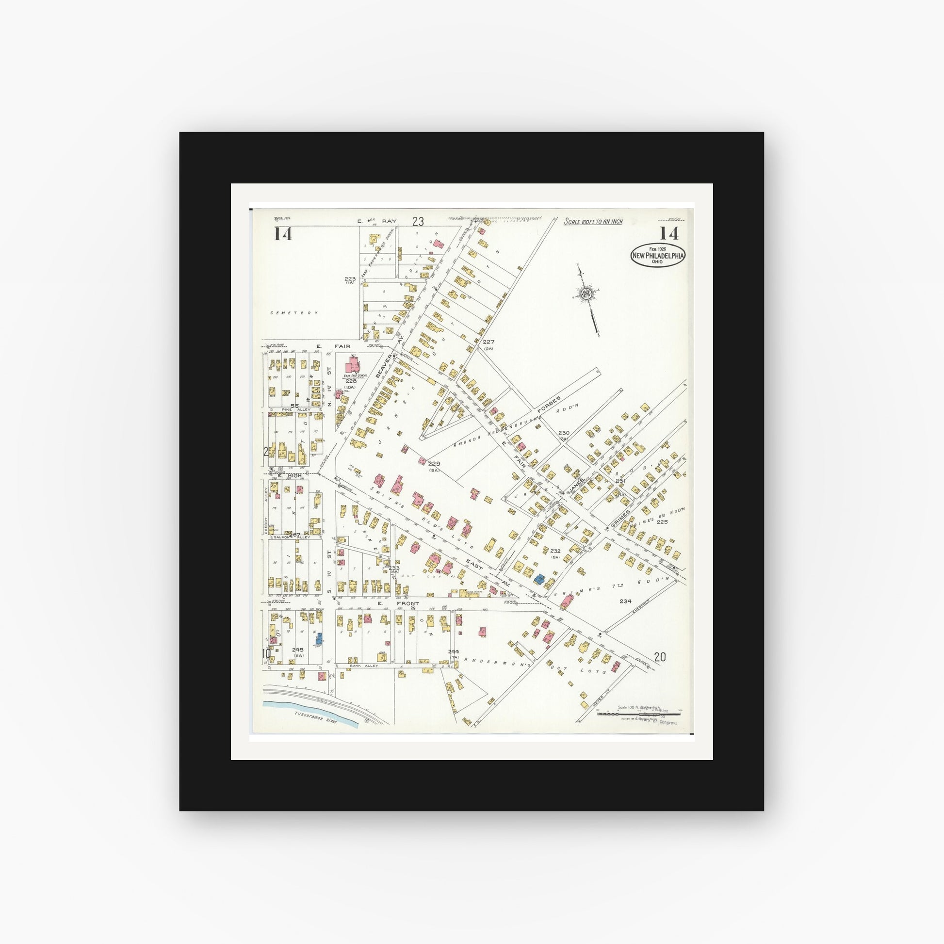 Old map wall art mockup — black gallery frame with white mat — Sanborn Fire Insurance Map from New Philadelphia, Tuscarawas County, Ohio (1926), Sheet #0014
