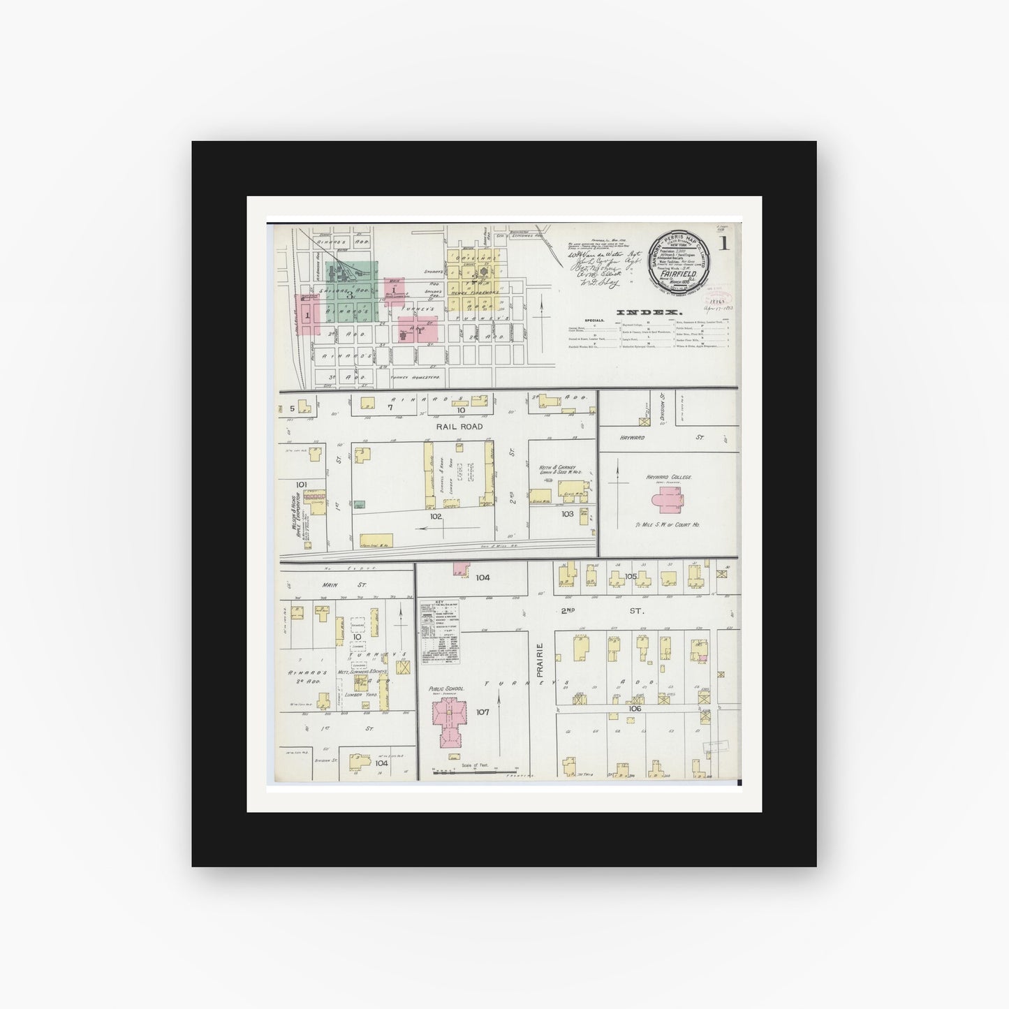 Old map wall art mockup — black gallery frame with white mat — Sanborn Fire Insurance Map from Fairfield, Wayne County, Illinois (1893) - Complete Map Set