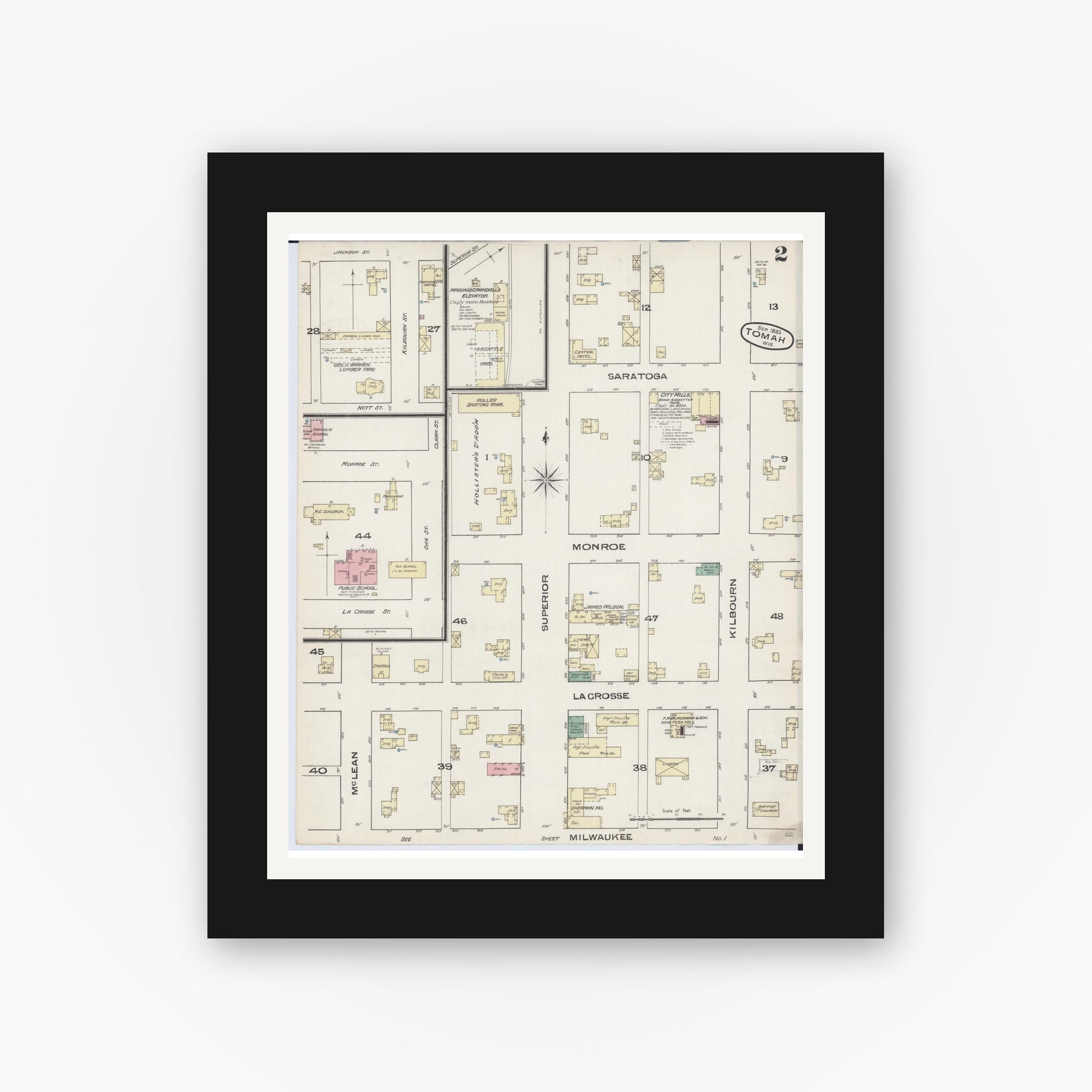 Old map wall art mockup — black gallery frame with white mat — Sanborn Fire Insurance Map from Tomah, Monroe County, Wisconsin (1885), Sheet #0002