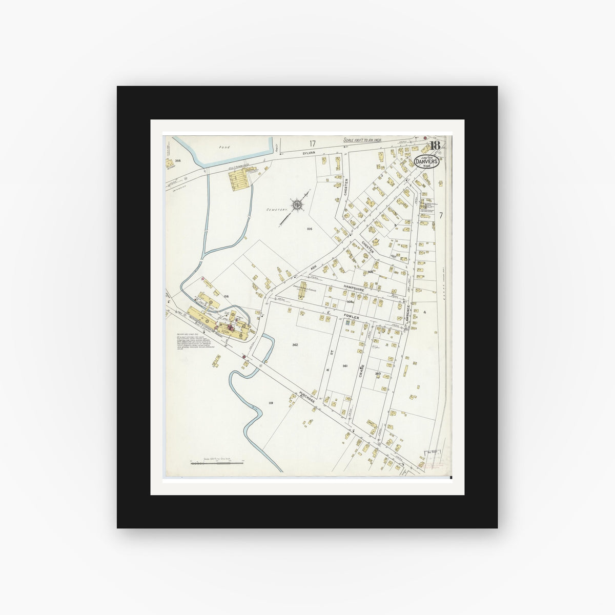 Old map wall art mockup — black gallery frame with white mat — Sanborn Fire Insurance Map from Danvers, Essex County, Massachusetts (1916), Sheet #0018
