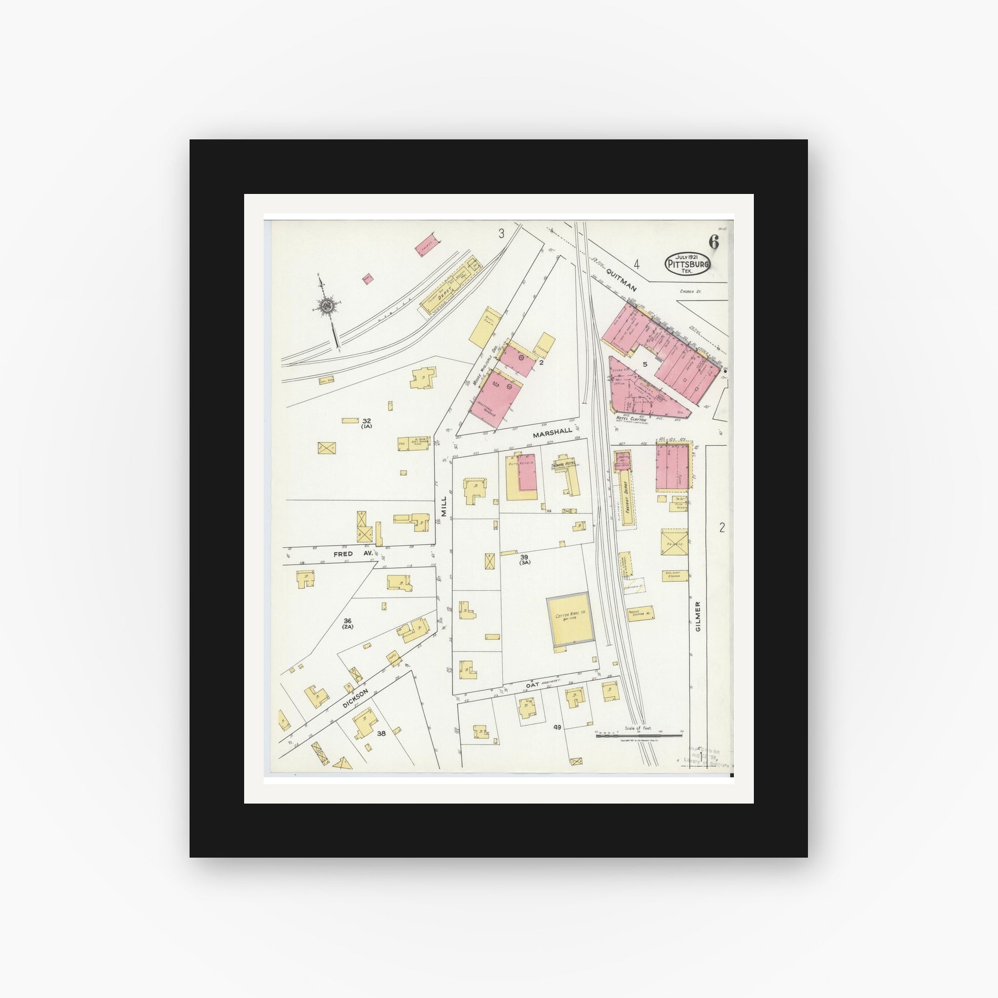 Old map wall art mockup — black gallery frame with white mat — Sanborn Fire Insurance Map from Pittsburg, Camp County, Texas (1921), Sheet #0006
