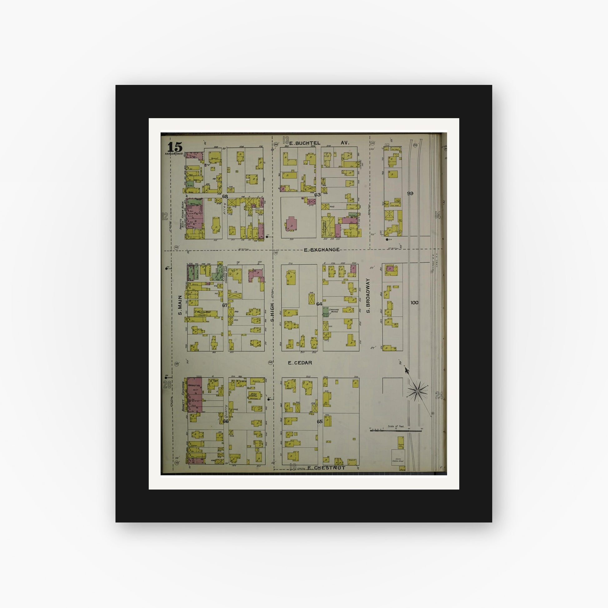 Old map wall art mockup — black gallery frame with white mat — Sanborn Fire Insurance Map from Akron, Summit County, Ohio (1892), Sheet #0015
