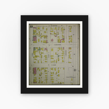 Old map wall art mockup — black gallery frame with white mat — Sanborn Fire Insurance Map from Akron, Summit County, Ohio (1892), Sheet #0015