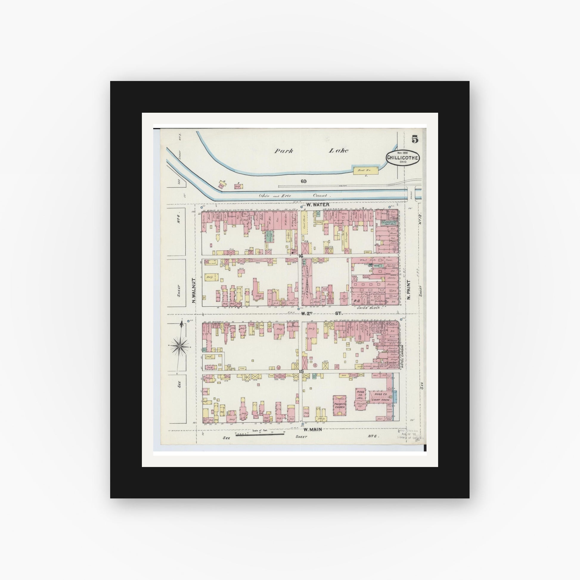 Old map wall art mockup — black gallery frame with white mat — Sanborn Fire Insurance Map from Chillicothe, Ross County, Ohio (1890), Sheet #0005