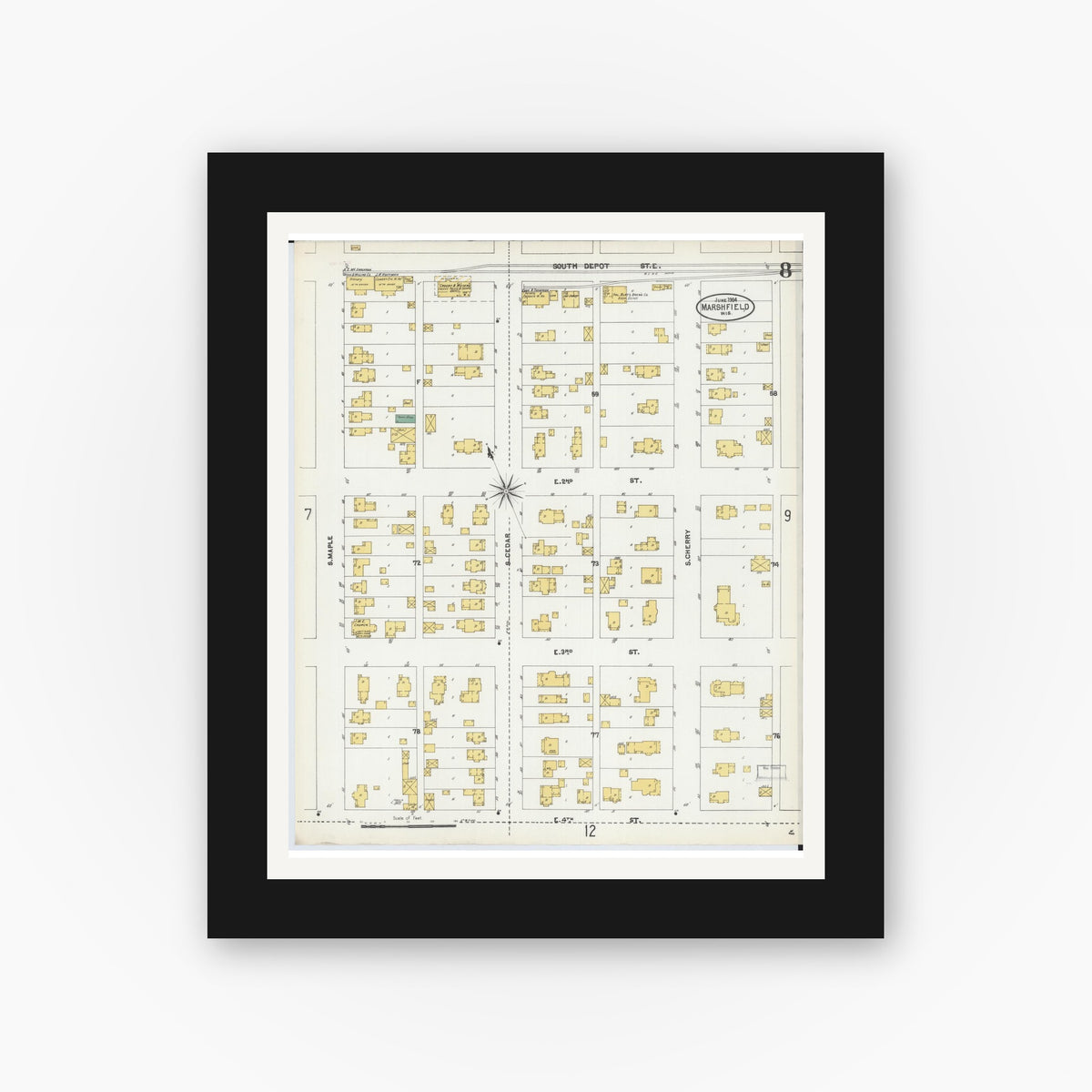 Old map wall art mockup — black gallery frame with white mat — Sanborn Fire Insurance Map from Marshfield, Wood County, Wisconsin (1904), Sheet #0008