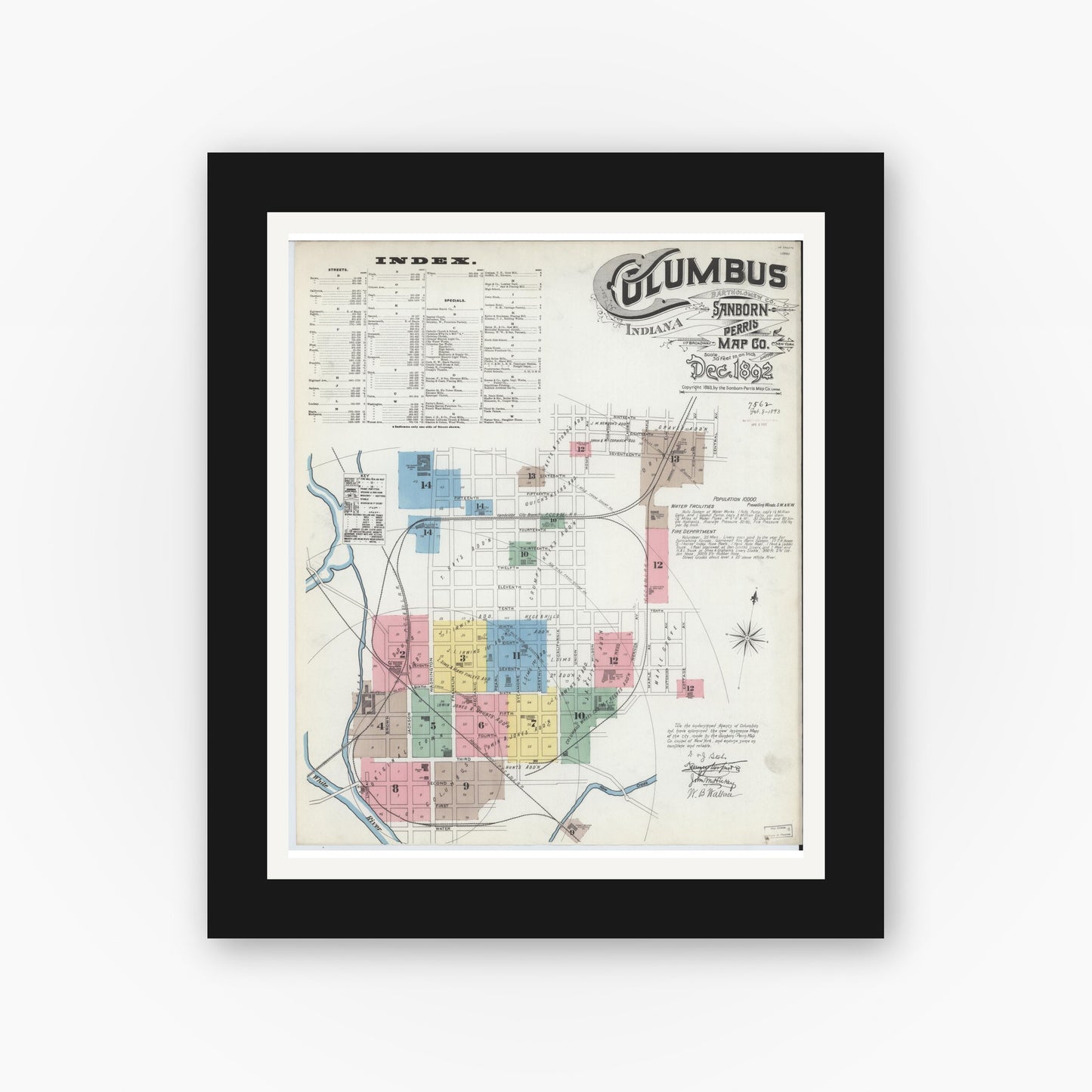 Old map wall art mockup — black gallery frame with white mat — Sanborn Fire Insurance Map from Columbus, Bartholomew County, Indiana (1892), Sheet #0001