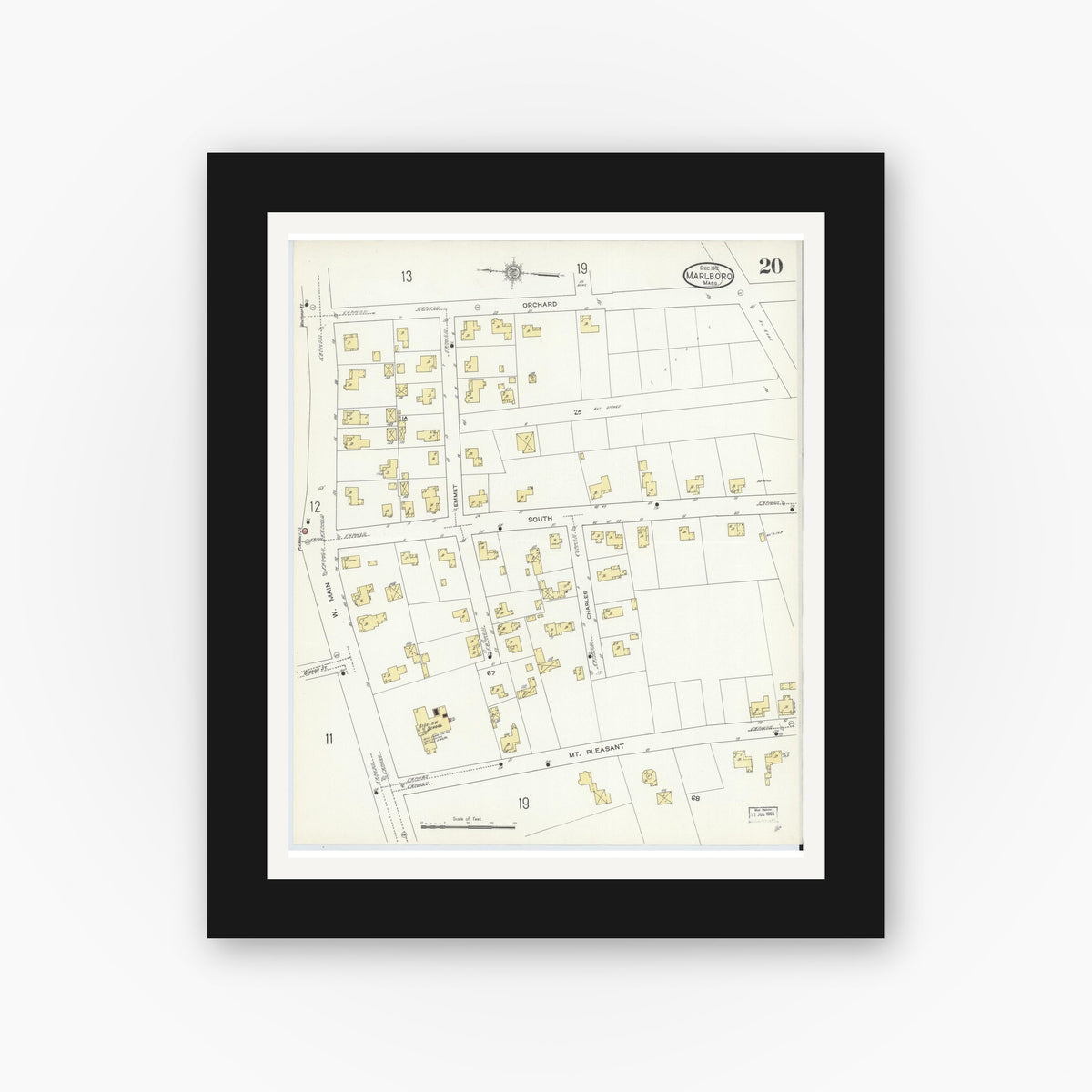 Old map wall art mockup — black gallery frame with white mat — Sanborn Fire Insurance Map from Marlborough, Middlesex County, Massachusetts (1912), Sheet #0020