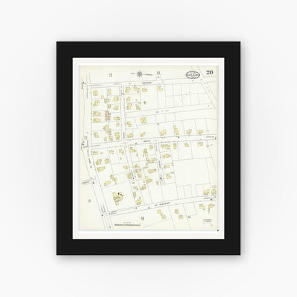 Old map wall art mockup — black gallery frame with white mat — Sanborn Fire Insurance Map from Marlborough, Middlesex County, Massachusetts (1912), Sheet #0020