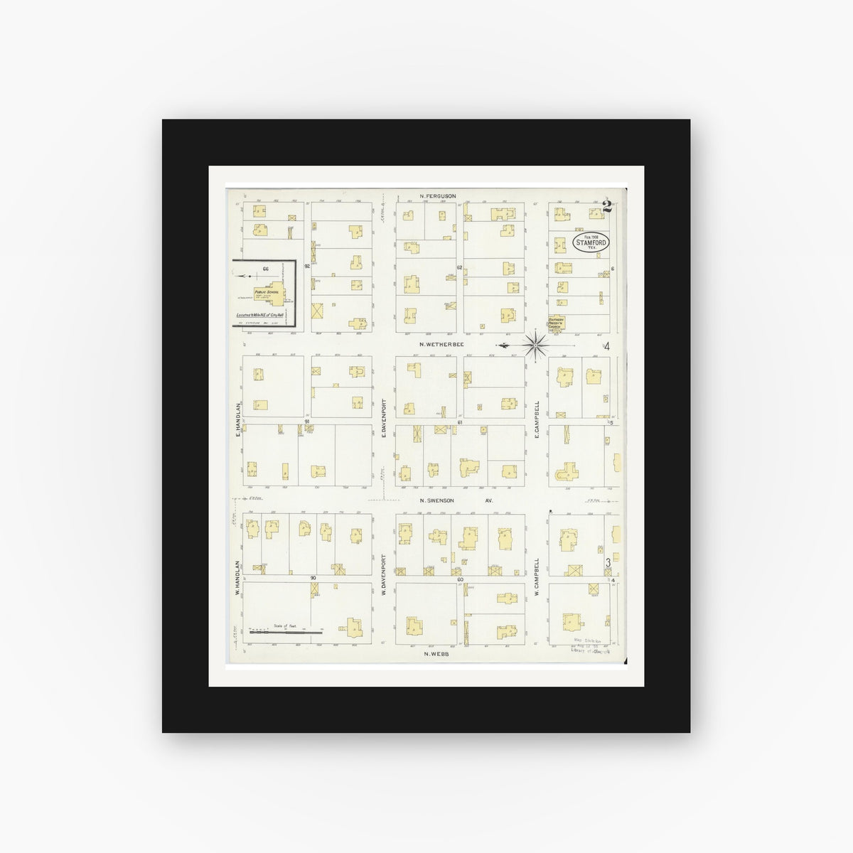 Old map wall art mockup — black gallery frame with white mat — Sanborn Fire Insurance Map from Stamford, Jones County, Texas (1908), Sheet #0002