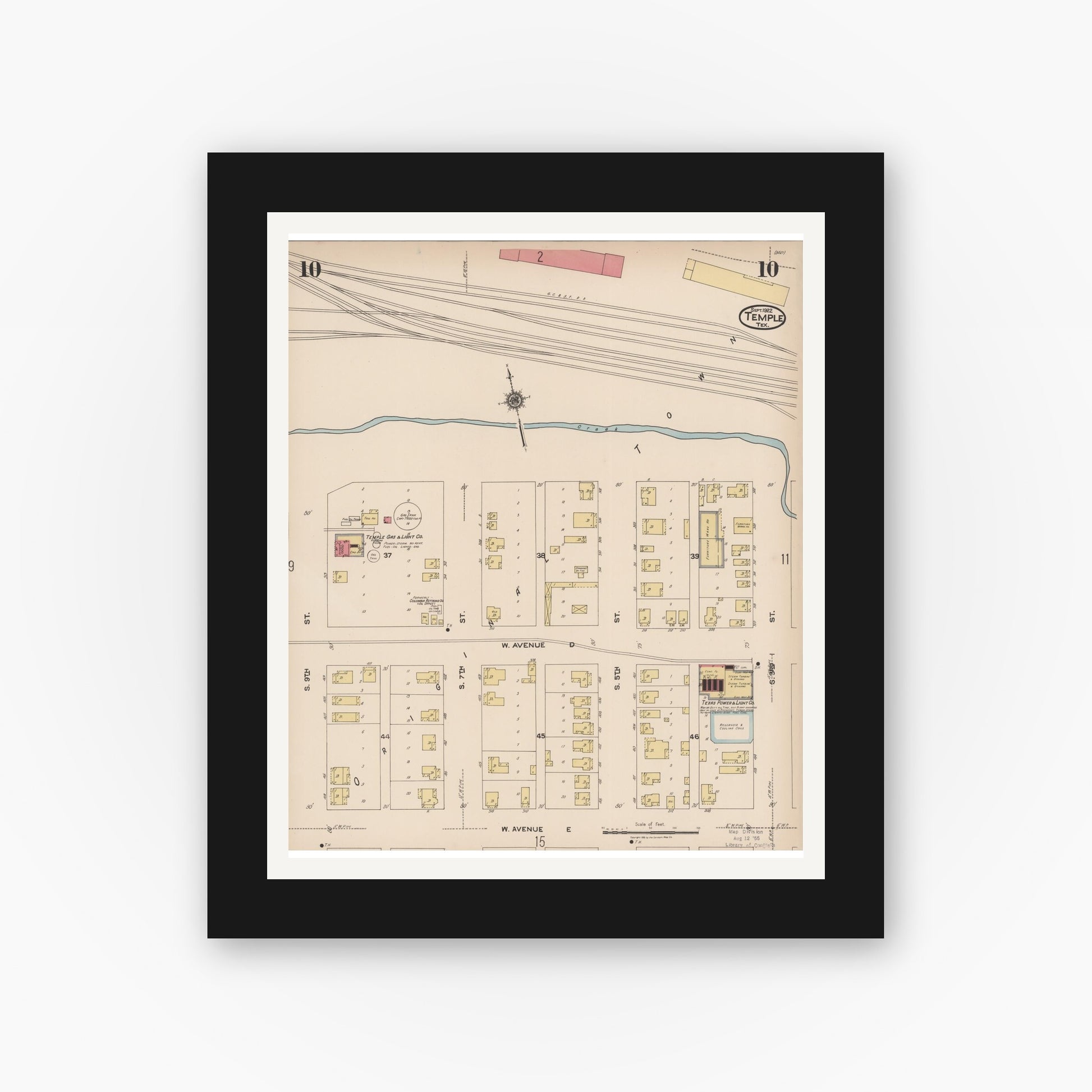 Old map wall art mockup — black gallery frame with white mat — Sanborn Fire Insurance Map from Temple, Bell County, Texas (1922), Sheet #0010