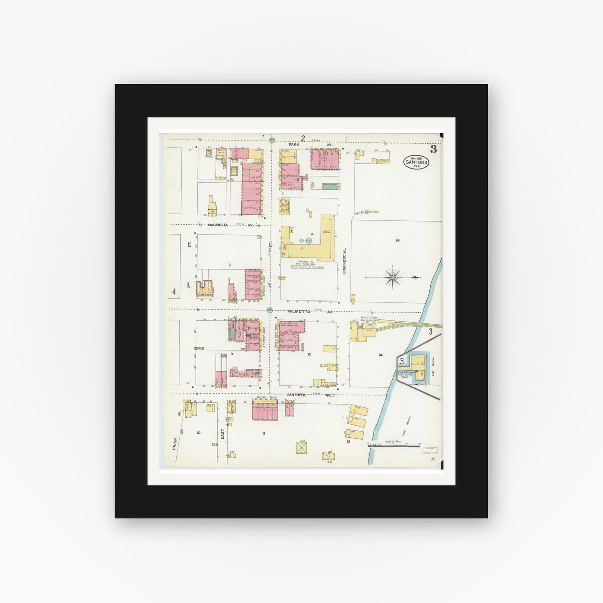 Old map wall art mockup — black gallery frame with white mat — Sanborn Fire Insurance Map from Sanford, Seminole County, Florida (1906), Sheet #0003